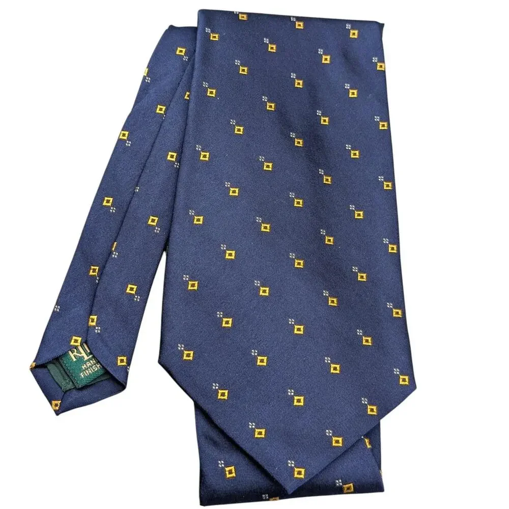Lauren Ralph Lauren Tie Mens Classic Blue Yellow Foulard Silk Embroidered‎ 56.5